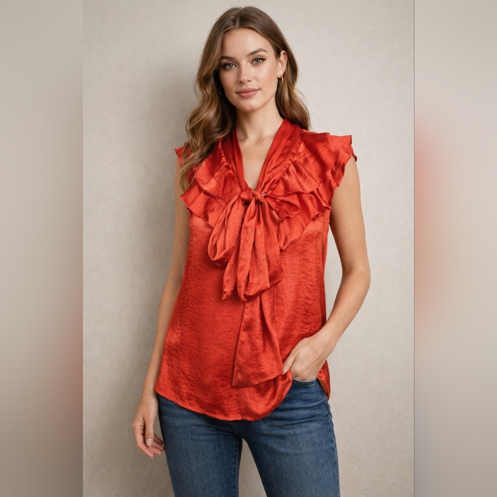 5 For $25✨️Designer Adiva Womens Small Satin Red Blouse Shortsleeve Top Shirt